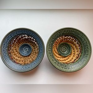 Hand woven art pottery green and blue ceramic bowl basketry bowl signed lot of 2